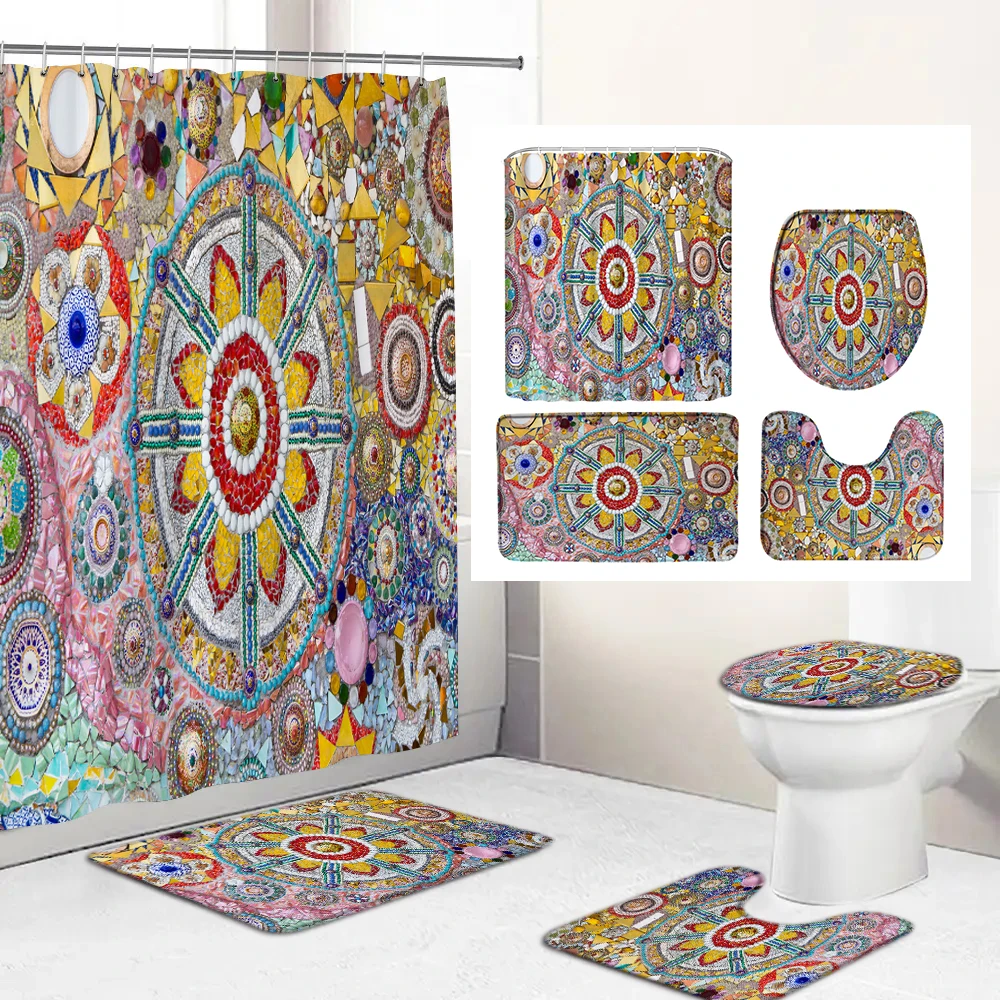 

Washable Waterproof Bathroom Bohemian style Shower Curtain Sets Toilet Seat Cover Non-Slip Bath Mat Rug Carpet Bathroom Decor