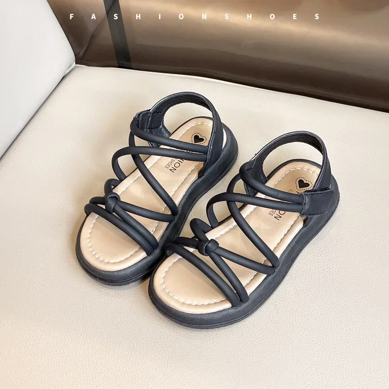Girls Summer Open Toe Cross Tie Sandals Black Beige Kids School