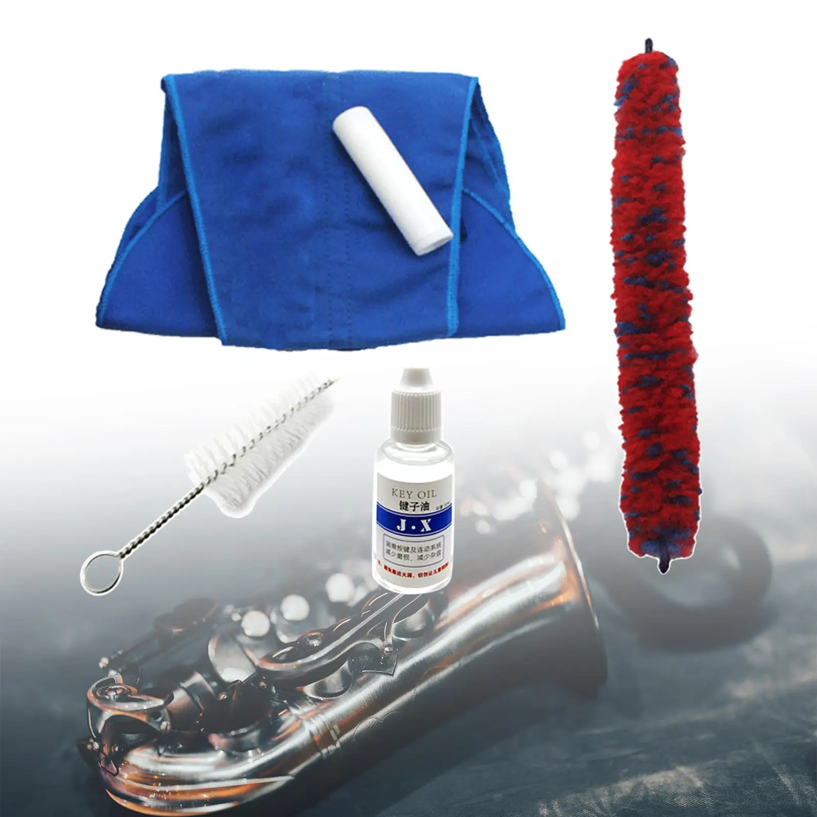 

5Pcs Saxophone Cleaning Set Includes Cleaning Brush, Cloth, Key Oil, Mouthpiece Brush, Cork Grease Maintenance Music Instrument