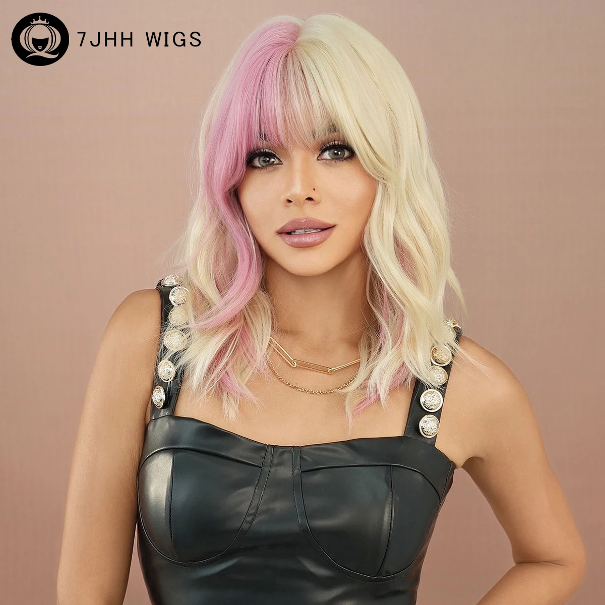 

7JHHWIGS Shoulder Length Body Wavy Pink Ombre Blonde Wig for Women Daily Party High Density Synthetic Curly Hair Wigs with Bangs