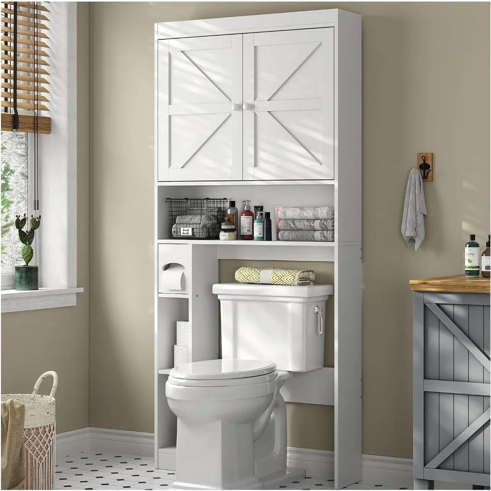 

Over The Toilet Storage Cabinet with Shelves and Doors, 32.3''W Free Standing Toilet Shelf Space Saver with Anti-Tip Design