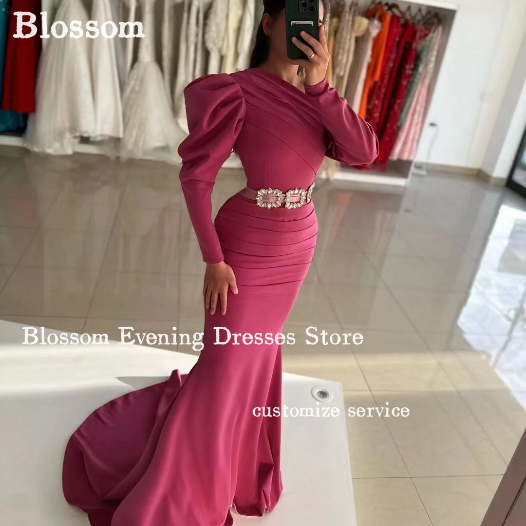 

Off Shoulder Long Sleeves Evening Dresses 2024 Mermaid Crystal Sash Sweep Train Elegant Wedding Party Gown Formal Prom Dresses