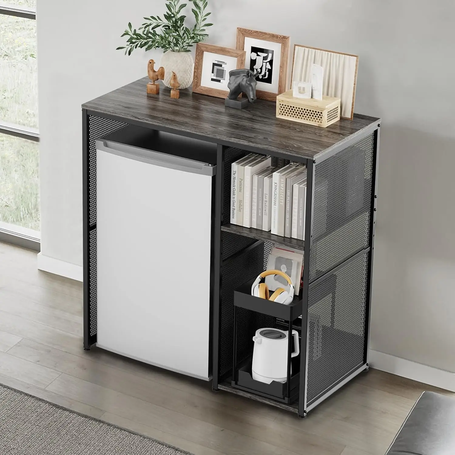 3-Tier Coffee Bar Cabinet with Mini Fridge Space, Heavy-Duty Rustic Grey Microwave Stand Baker Rack, Utility Storage