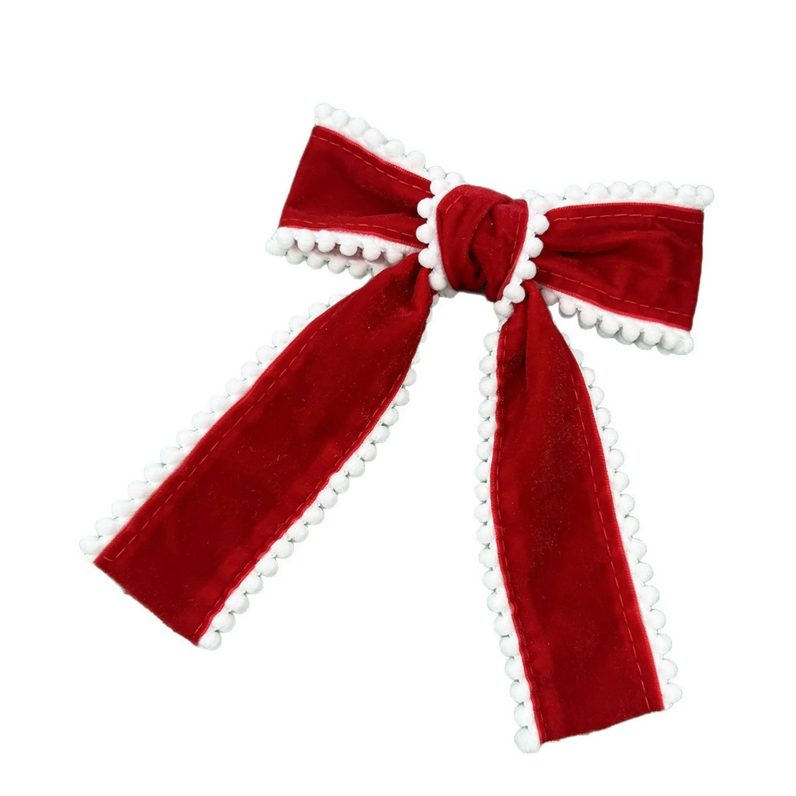 1PC Festive Christmas Red Velvet Bow Hair Clip-Cute Pom Pom Trim & Star Pattern Hair Accessory, Perfect for Holiday Parties
