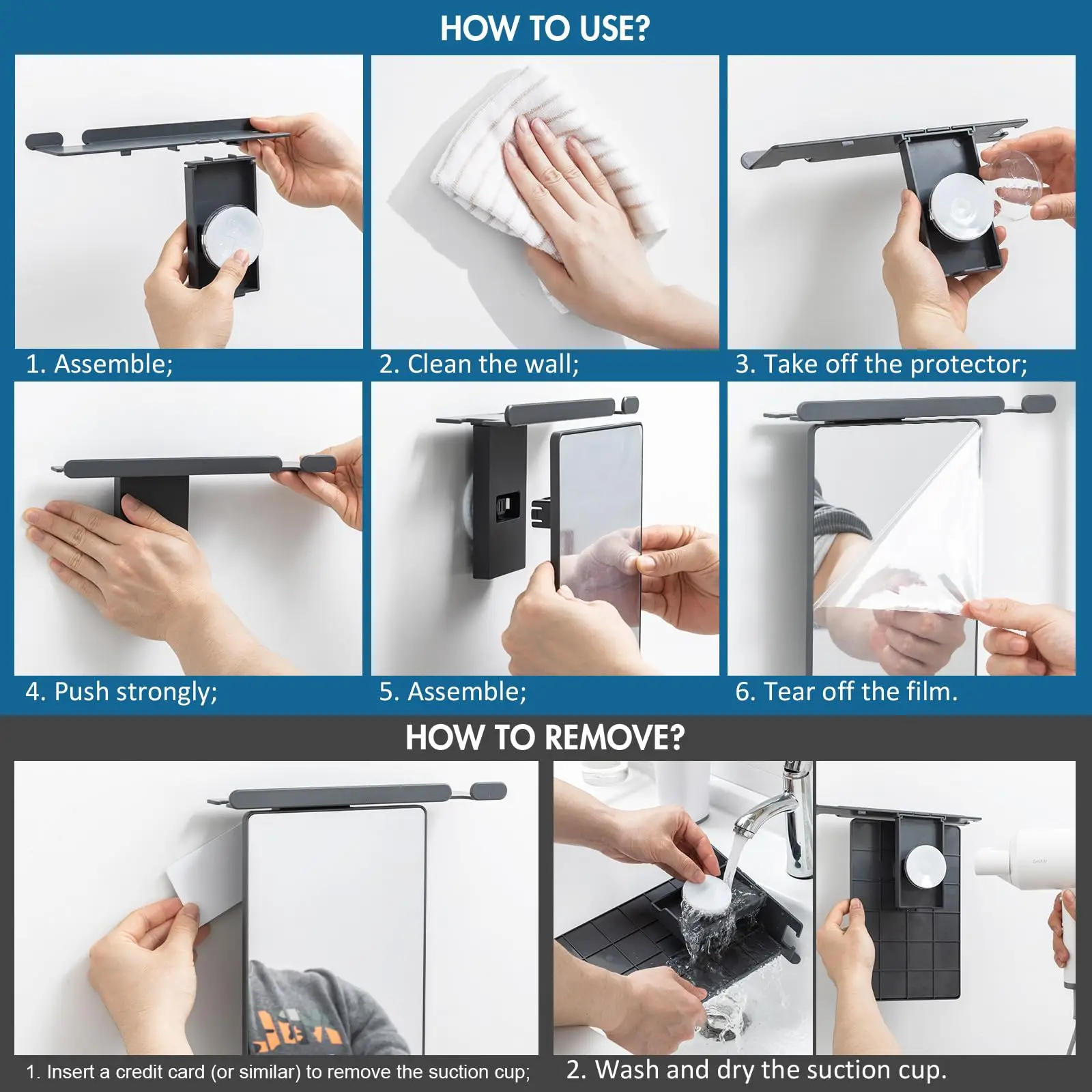 TAILI Shower Mirror Fogless for Shaving with Razor Holder, NO-Drilling & Removable Large Mirror Fogless Suction Wall Mounted 5