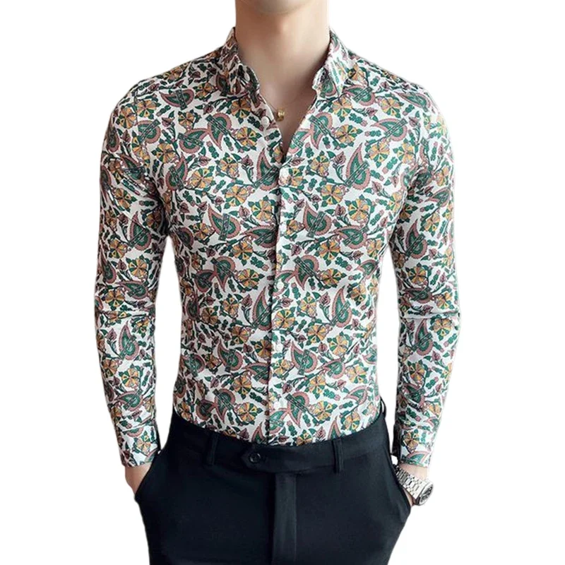 

Мужская Облегающая рубашка с воротником с принтом, Повседневная однобортная Удобная стрейчевая рубашка с лацканами, весна-осень 2023