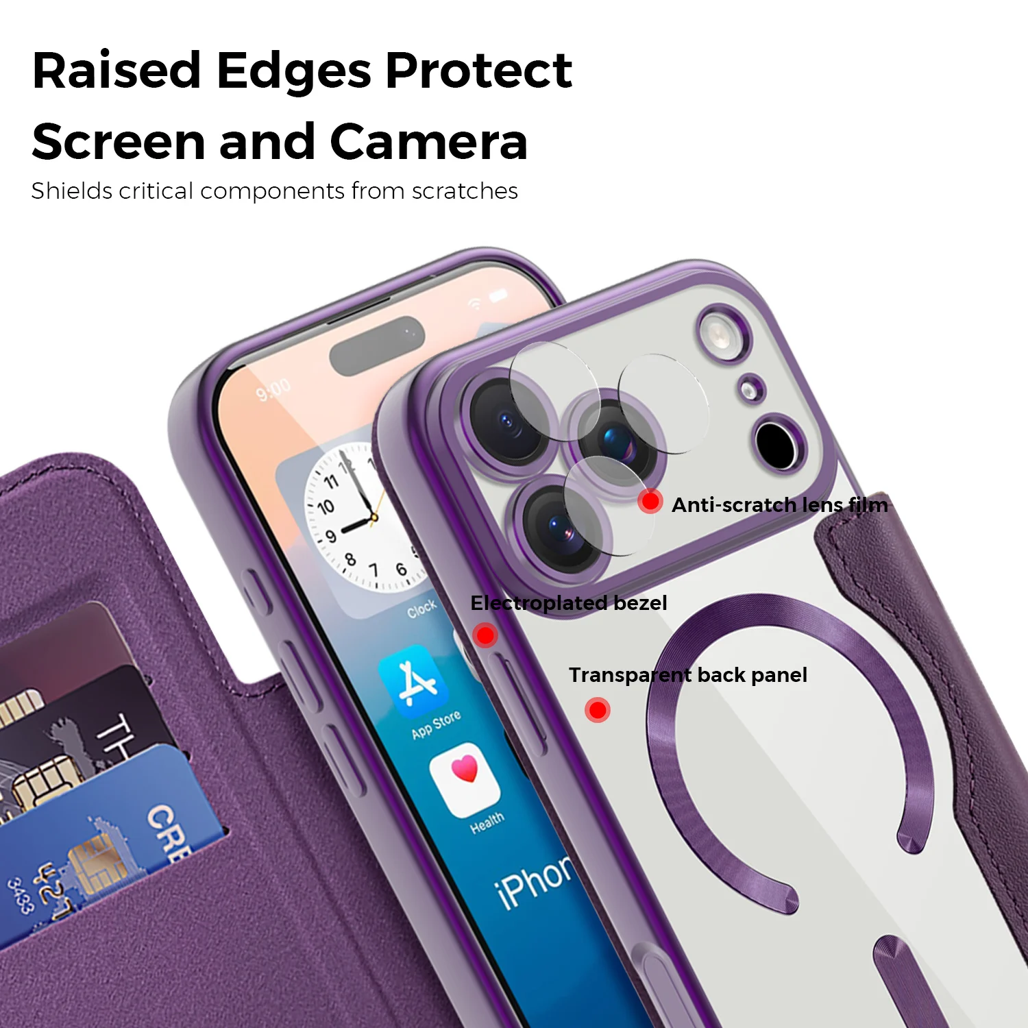 Premium Transparent Flip Leather Wallet Magnetic Phone Case with Card Holder and Magsafe Compatibility