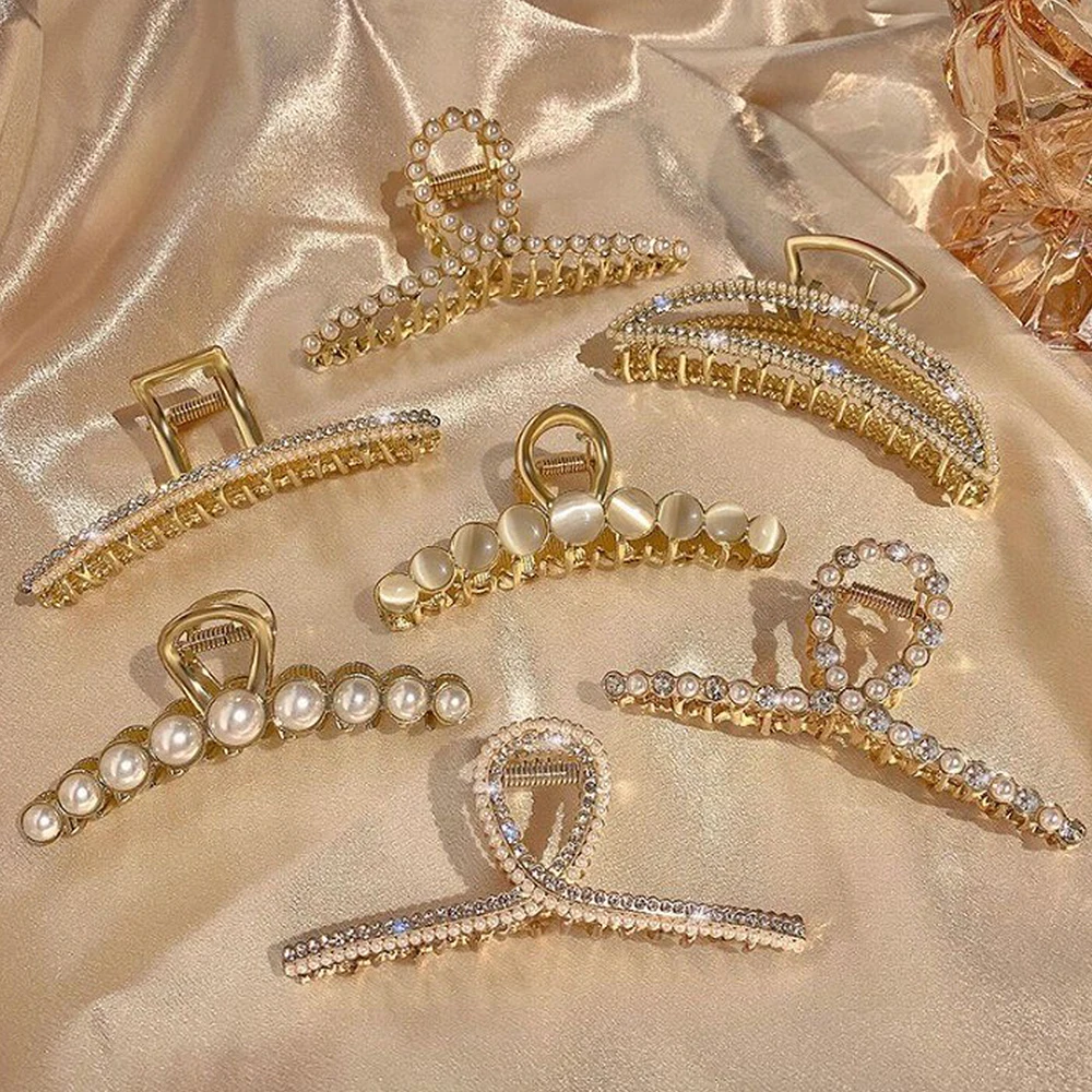 Błyszcząca kryształowa kryształowa spinki do włosów perłowa dla kobiet dziewczyna geometryczne metalowe do włosów kraby spinki do włosów akcesoria do włosów