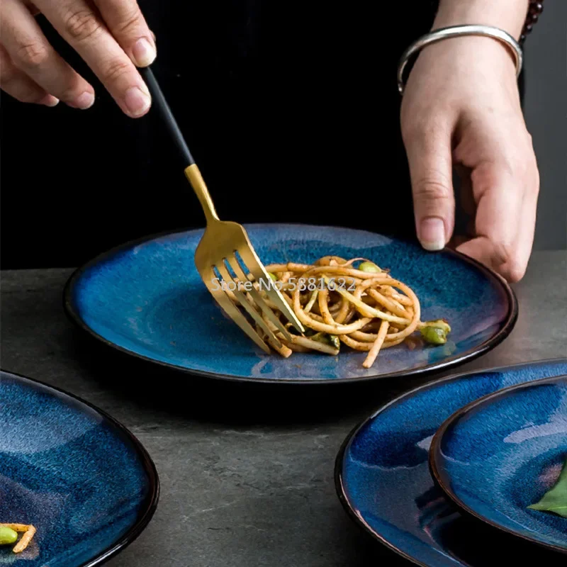 Brief Blue Starry Sky Round Ceramic Plate Restaurant Tableware Porcelain Dinner Plate Steak Pasta Dish Tray Fruit Salad