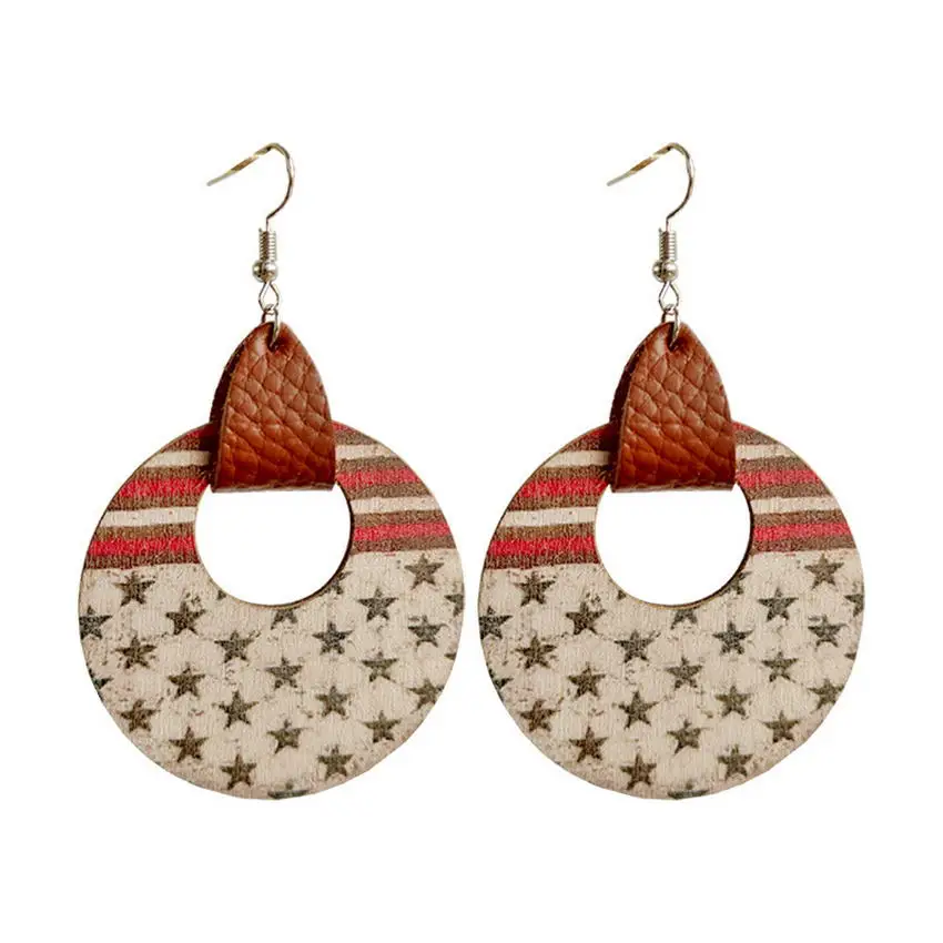 Round Wood Art Starry Night Surrealistic Earrings 2022 Funky Wearable Art Jewelry Wooden American National Flag Circle Earrings images - 6