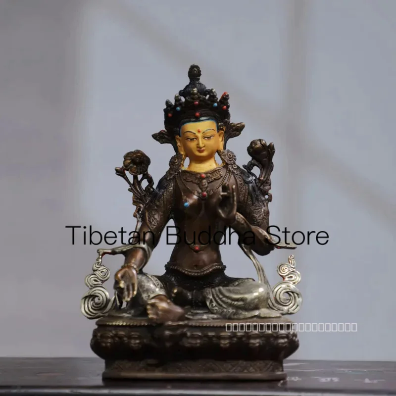 

21 см непальская тибетская латунная Позолоченная серебряная инкрустированная Драгоценная зеленая статуя Гуаньинь Бодхисаттва