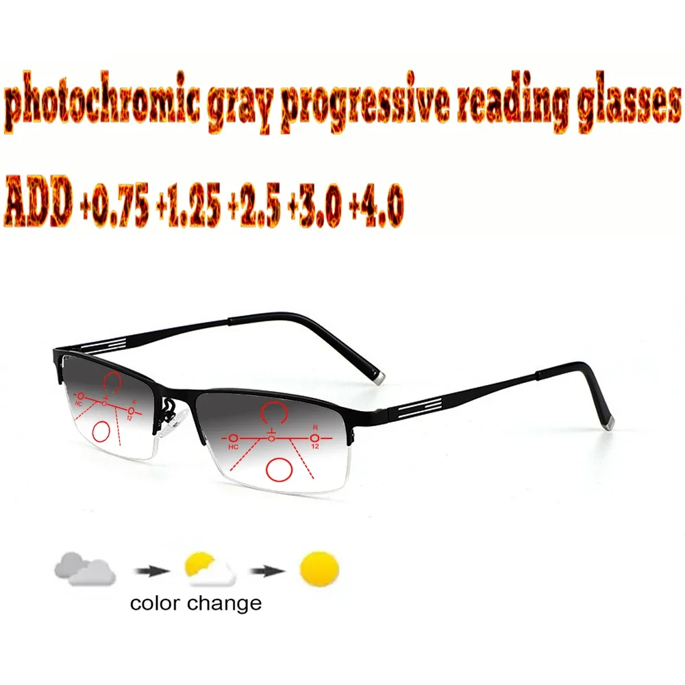 

Alloy Halfrim Ultralight Photochromic Progressive Multifocal Reading Glasses Business Men+1.0 +1.5 +1.75 +2.0 +2.5 +3 +3.5 +4