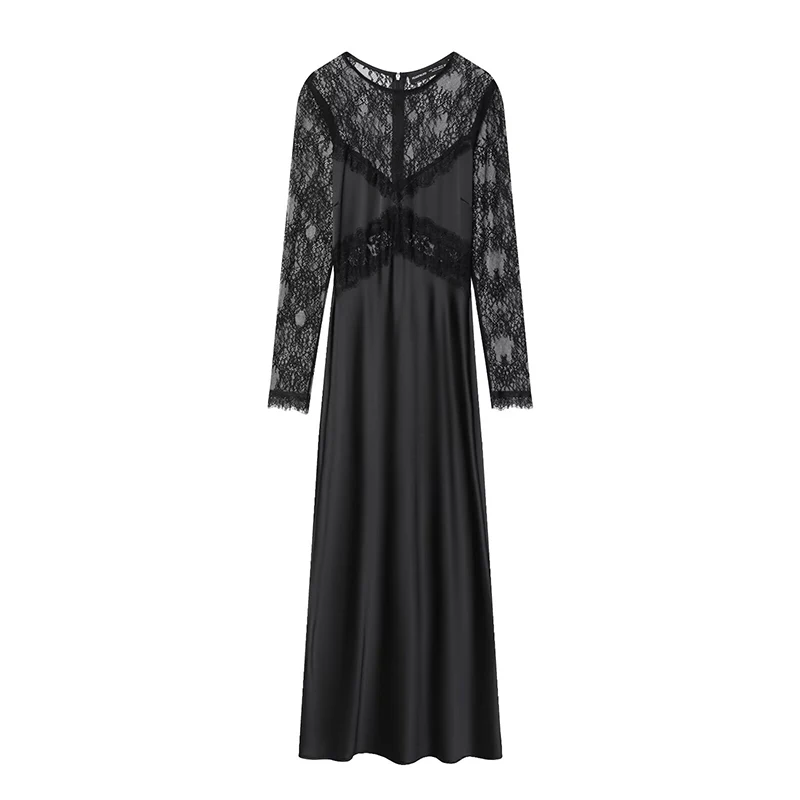 2025 New Women Fashion Lace Splicing Dress Long Dresses Translucent Chic Dresses Women Long Sleeve Evening Party Dresses