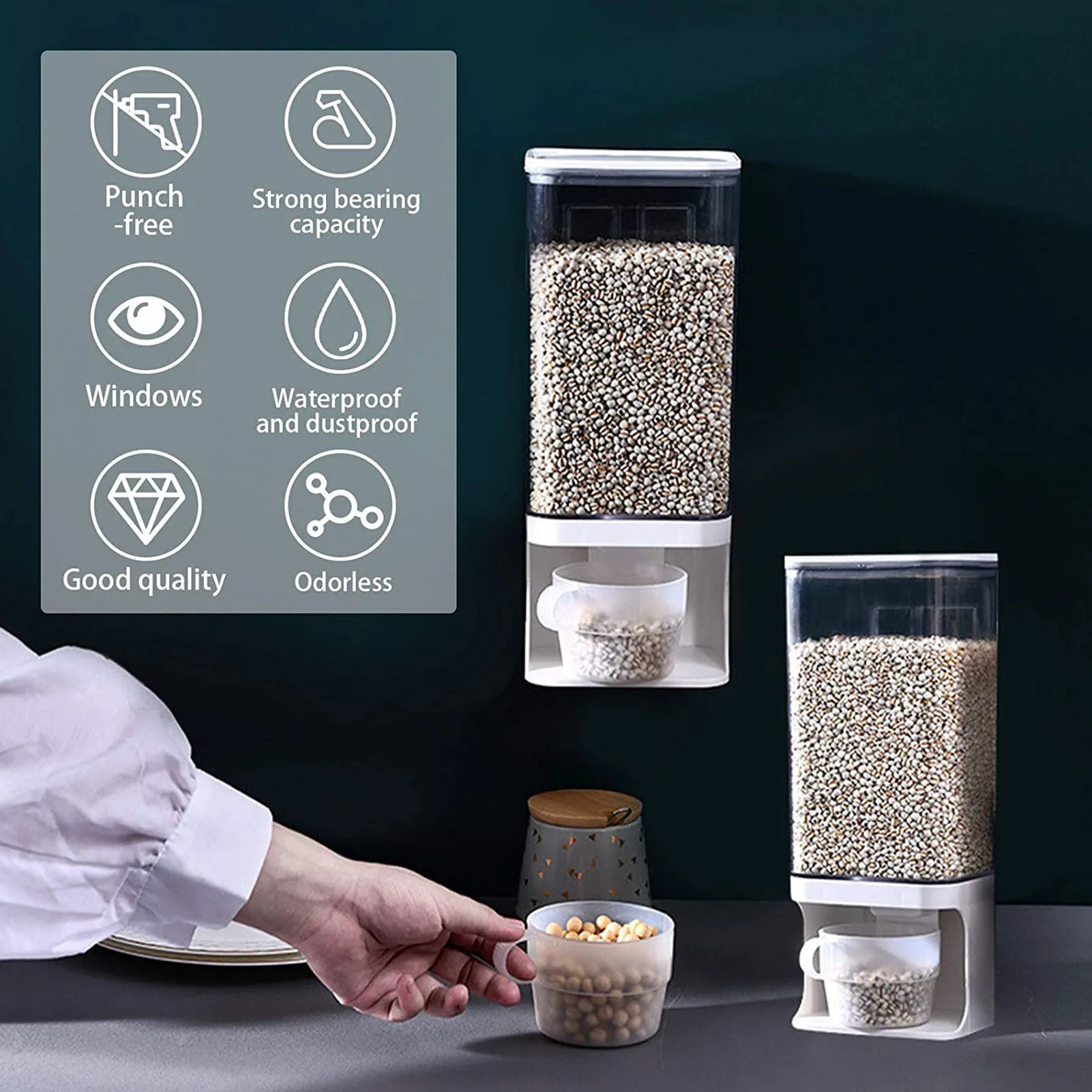 

Dry Food Dispenser 2-Grid Rice Cereal Storage Container 2-Grid Kitchen Food Dispenser Wall Mount Bucket For Grains Nuts Beans