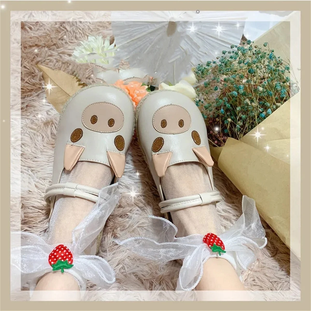 

Mori Girl Japanese Sweet Lolita Girl Shoes Cosplay Victoria Cute Lolita Pig Nose Ears Low Heel Round Head Pu Linen Insole Shoes