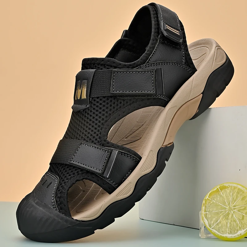 

Мужские летние однотонные туфли, кожаные дышащие шлепанцы Baotou, износостойкие нескользящие спортивные сандалии