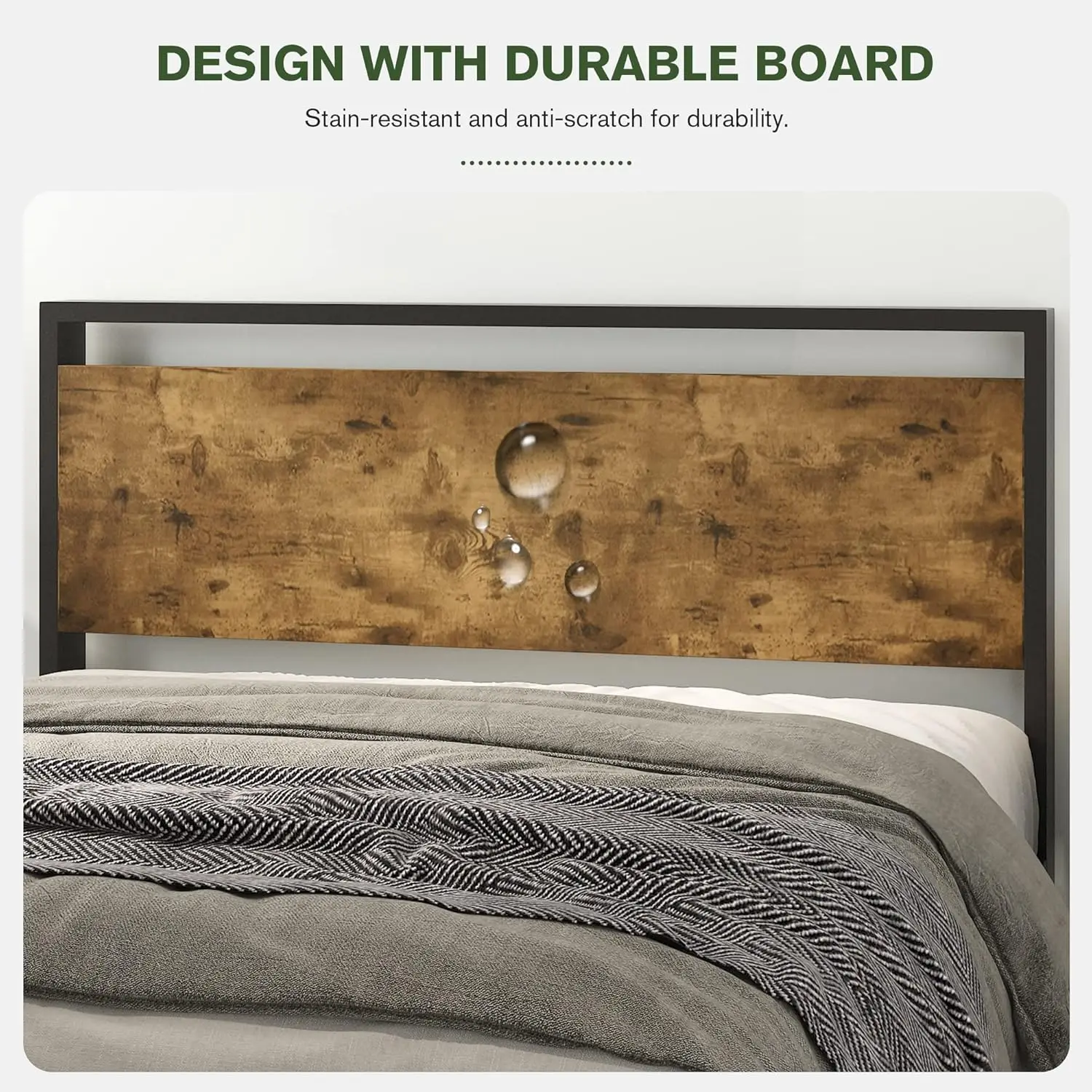 Queen Bed Frame with Wood Headboard, Modern Rustic Style Platform Bed Frame Queen Size, Heavy Duty Strong Metal Slats Support 5
