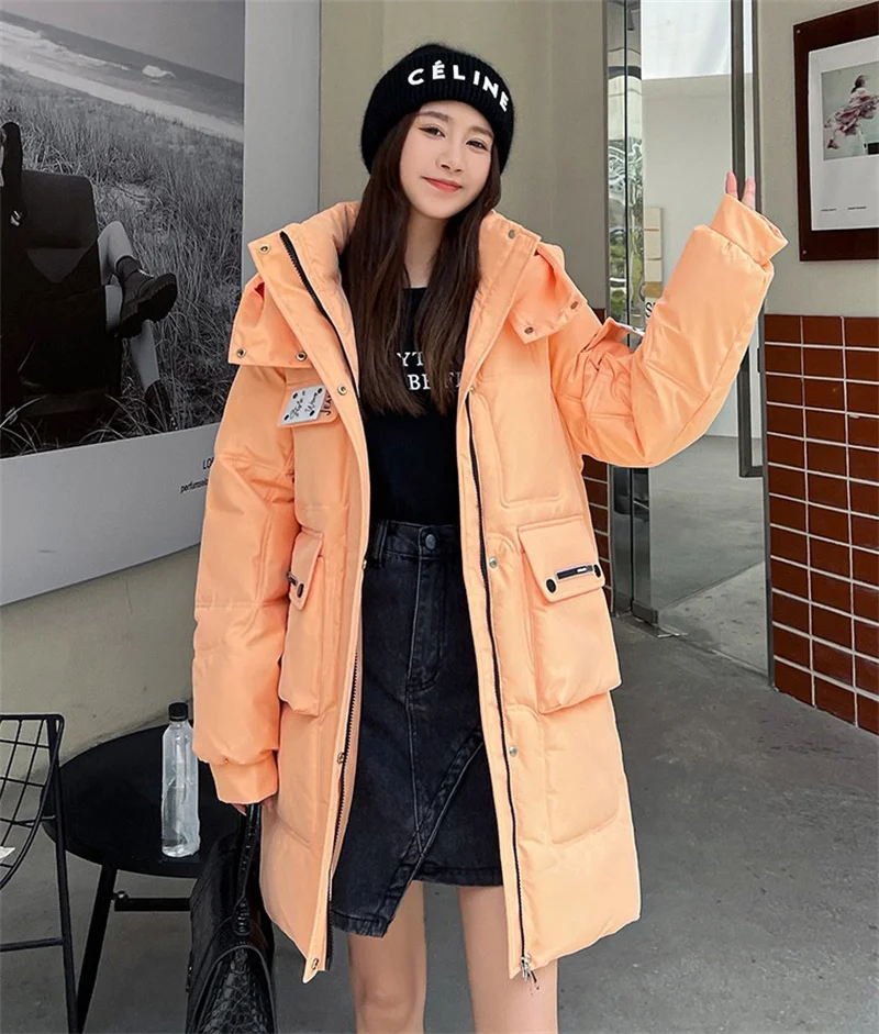 nova jaqueta de inverno parka feminino com capuz longo grosso quente algodão acolchoado jaquetas parkas mulher roupas doces cor casaco de inverno