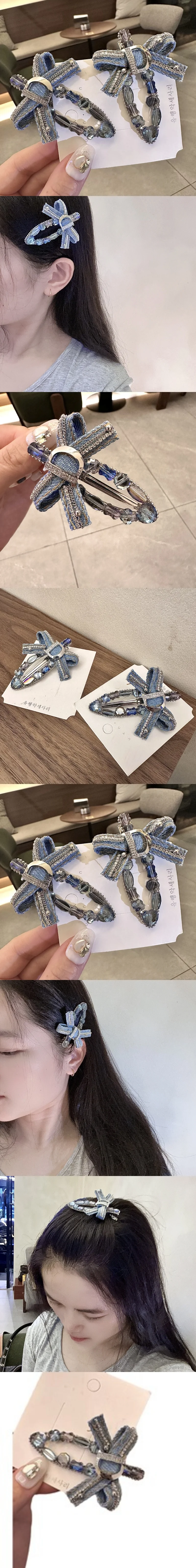 Süße Edgy Bow Denim Kristall Haarspange Koreanische Ins Trendy Pony Haarnadel Für Mädchen Feine Haarspangen Haarschmuck Für Frauen – Detail 1