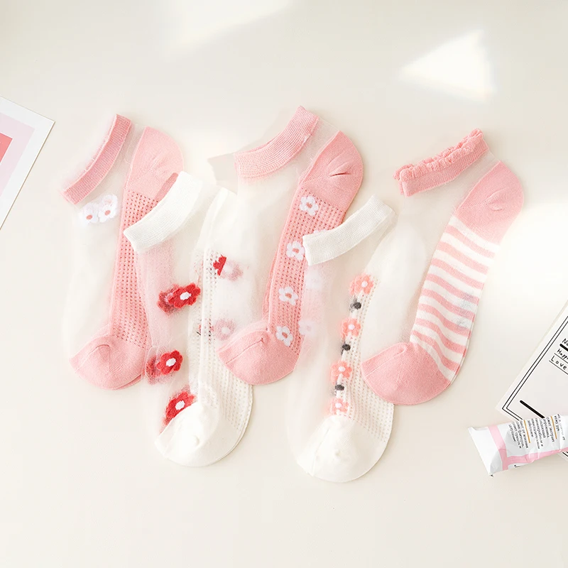 

2-6 Pairs Women Socks Summer Ultra-thin Transparent Glass Fiber Silk Socks Striped Fashion Daisy Flower Japan Casual Ankle Socks