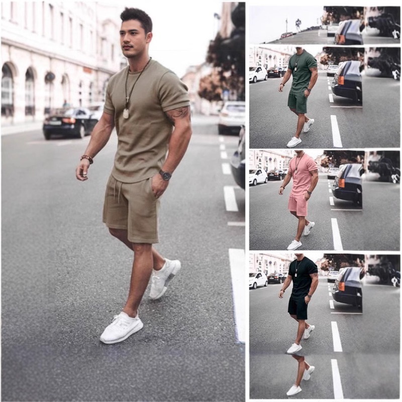 Men Suits European and American Summer Foreign Trade Youth Clothes with Short-sleeved T-shirt Sports and Casual Suits Men Suits