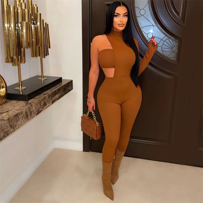 

Echoine Solid Jumpsuits with Tube Top Sexy Cut Out Turtleneck One Shoulder Long Sleeve Skinny Overalls 2023 Summer Tracksuit