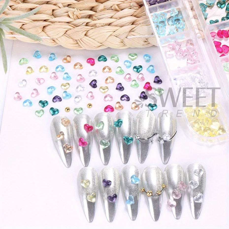 12 Grids Heart Shape Nail Art Charms Transparent Love Heart Resin Jewelry Pearl Half Bead Valentine's Decor Manicure Rhinestone