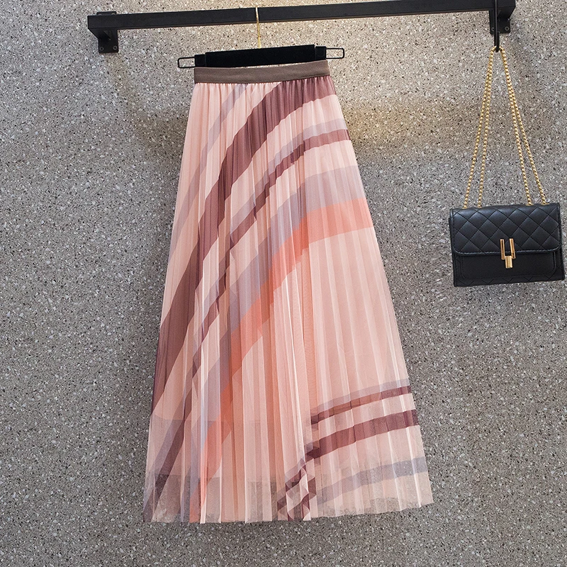 EHQAXIN Spring Summer New Womens Skirts 2022 Loose Sweet Colorblock Pleated Mid-Length Mesh Elegant Fairy Skirt For Ladies M-4XL