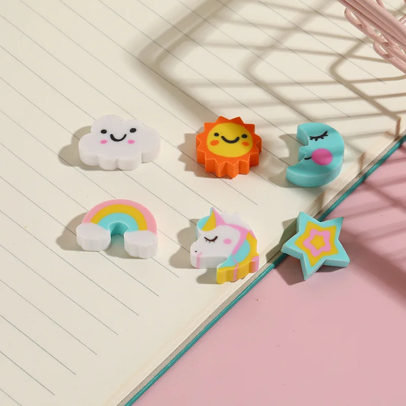 10Pcs/Lot Kawaii Unicorn Rainbow Eraser Cute Cartoon Cloud Star Moon Sun Pencil Rubber Erasers for Kids School Office Stationery pencil eraser