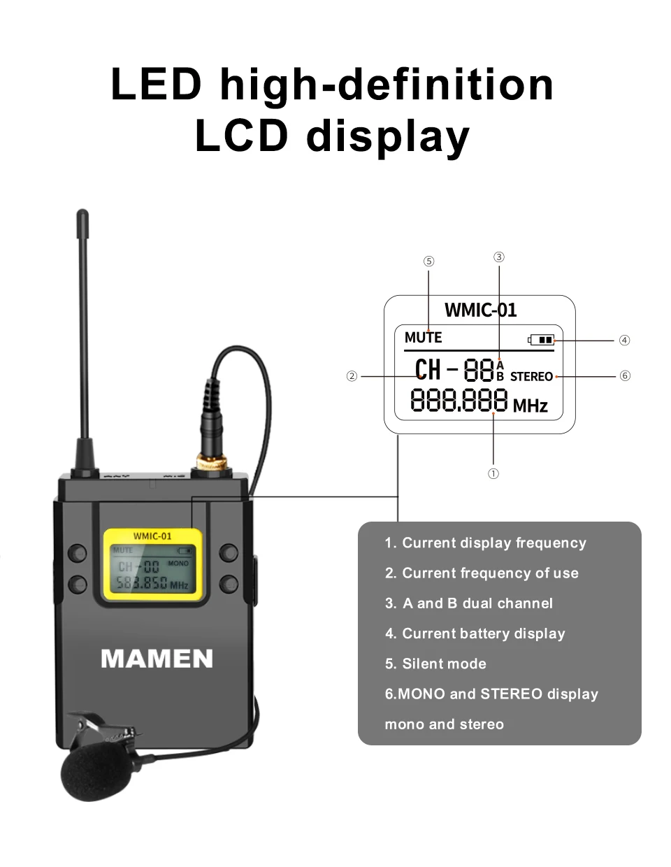 Audio UHF Wireless Microphone with 50 Selectable Channels 60m Range Pickup for Streaming Youtube Recording Condenser Microphone