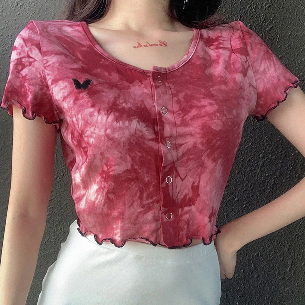 

Sexy Fashion Women O-Neck Short Sleeve Butterfly Embroidery Ladies Short Top Short Sexy With Buttons Slim Women's Cardigan