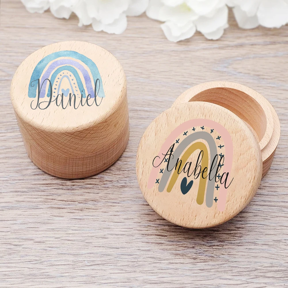 Wooden Storage Box Tooth Box Wooden Memorial Box Baby Memory Box Personalised Rainbow with Name Teeth Boxes Baby Tooth Box Keepsake Umbilical Curl Hair Wood Collect Case Kids Shower Gift