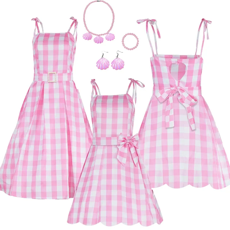 

Pink Princess Dress Cosplay Costume Pink Plaid Beach Skirt Outfit Beach Party Halloween Party Stage Performance for Adult Women