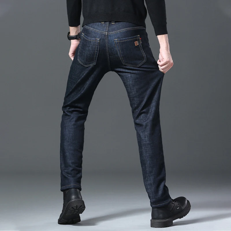 2022 Winter Thick Warm Fleece Jeans Men Black Fashion Business Denim Trouser Blue Stretch Slim Fleece Jeans Man