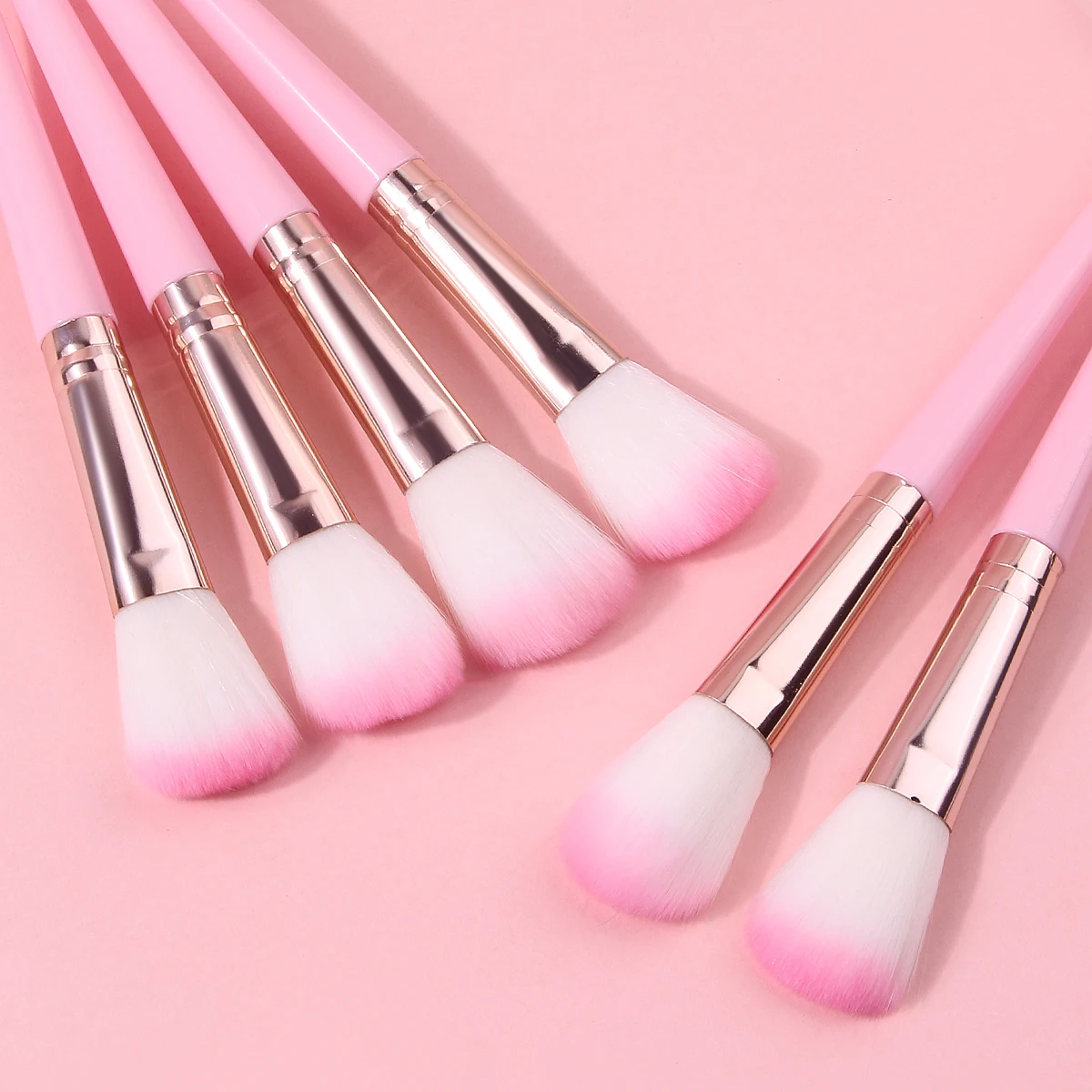 6PCS 핑크 블러쉬 브러쉬 메이크업 브러쉬, 길고 가느다란 플라스틱 손잡이, 흰색 헤어, 분홍빛이 도는 헤어 팁, 컨투어 브러쉬, 조각 브러쉬