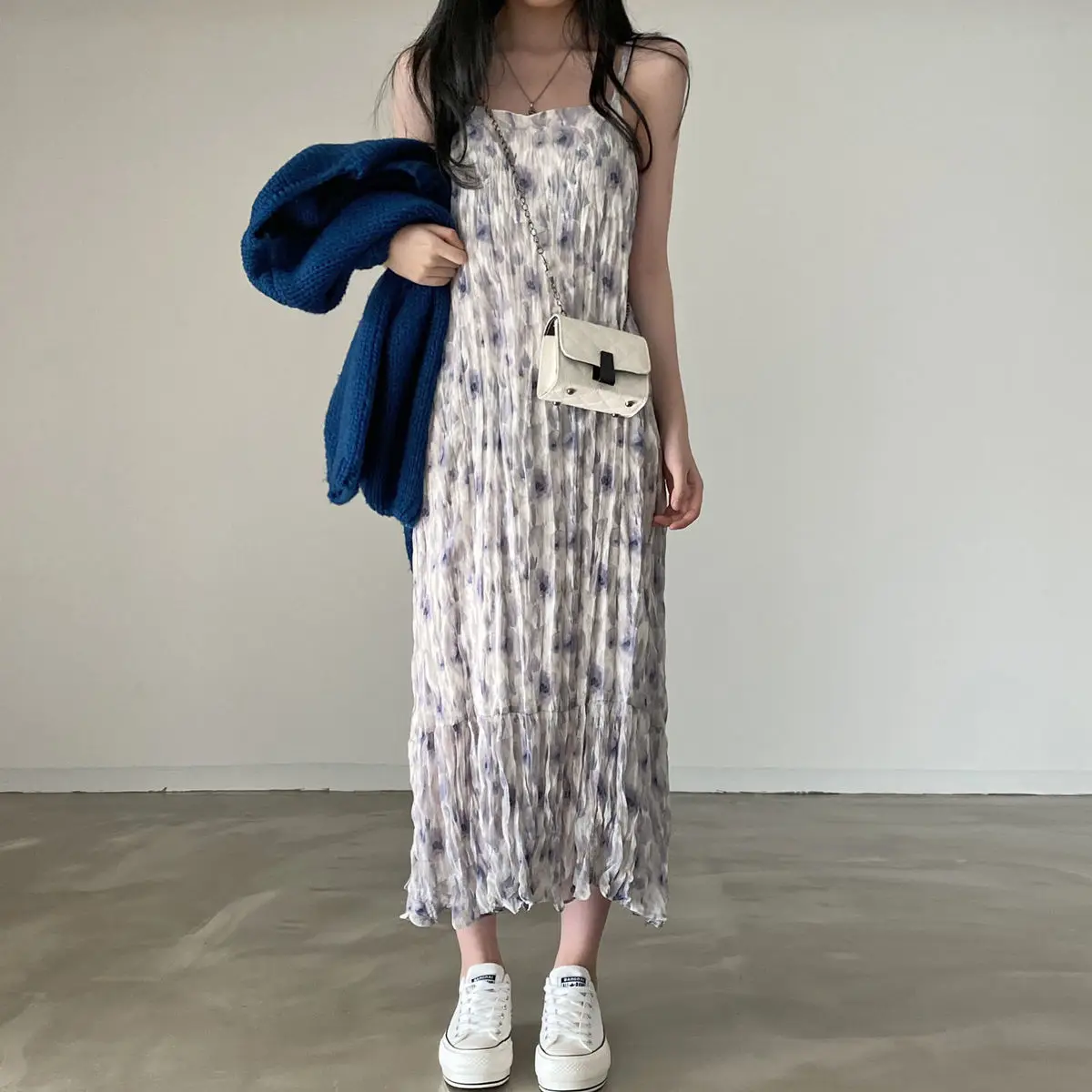 

Women Dresses New Summer Ink Floral Pleated Sleeveless Straight Vintage Temperament Ankle-length Cozy All-match Korean Stylish