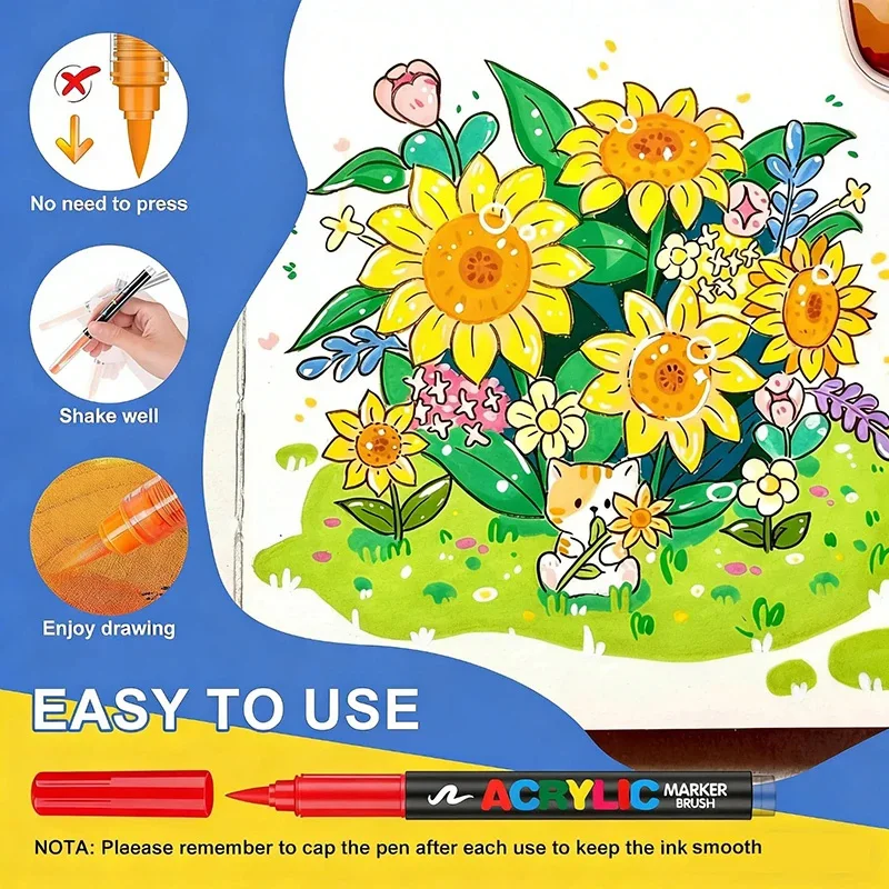 12-60 색상 아크릴 브러쉬 마커 펜 세트, 무압력 잉크 흐름 페인트 마커, 종이 그림용 무독성, 속건성, 방수