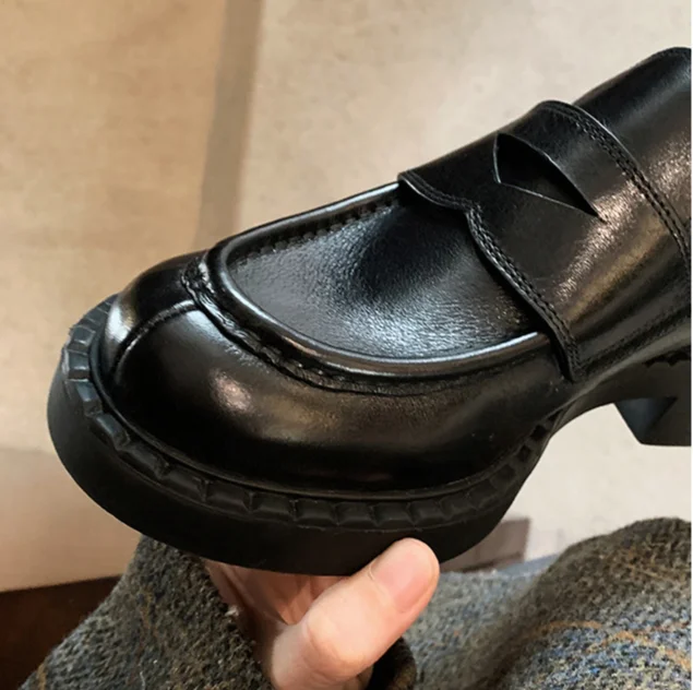 Britische Lederschuhe mit runder Spitze und dickem Absatz, vielseitige Schuhe für zu Hause und draußen_voghion.com