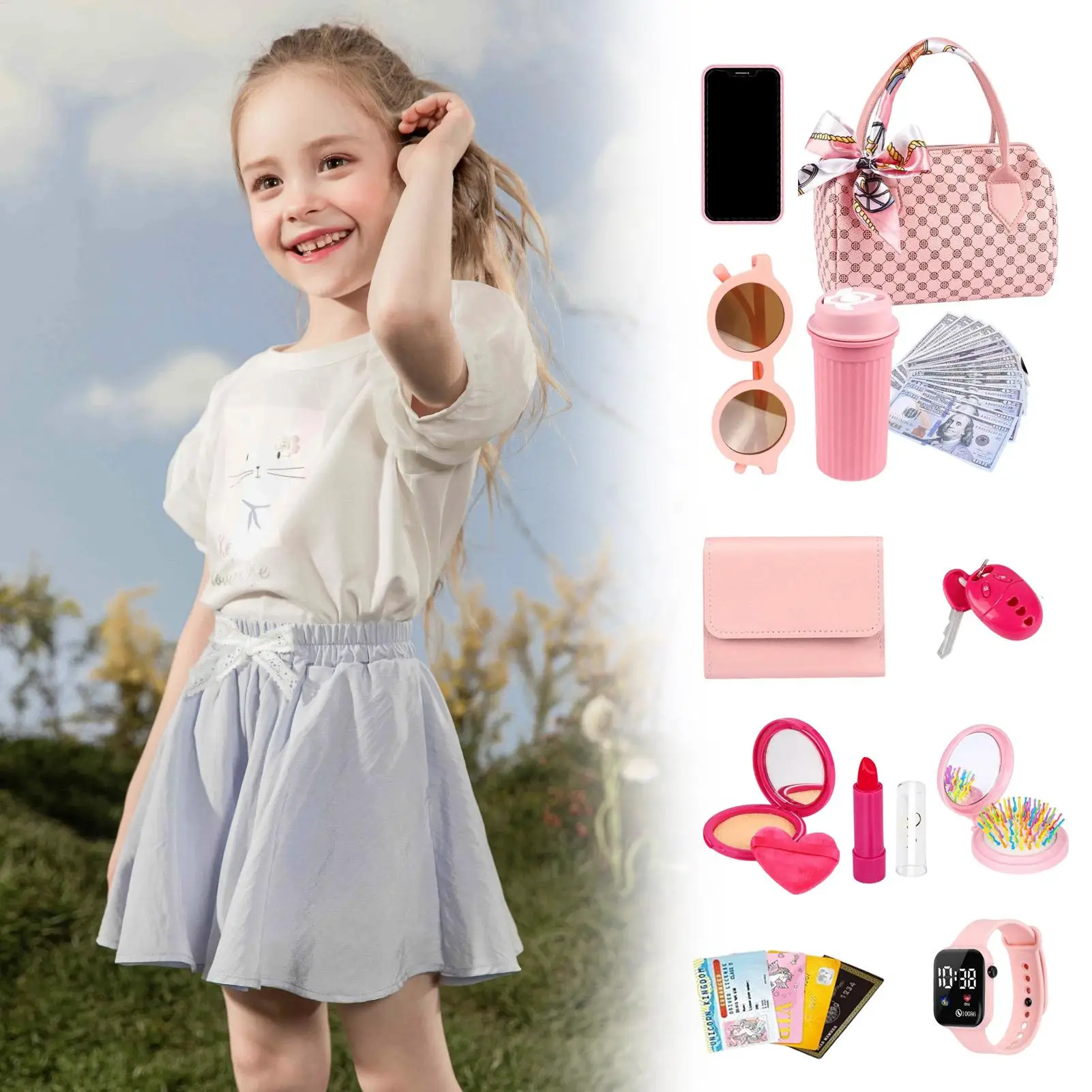 NEW Little Girls Play Purse Kids Pretend Play Purse Cell Phone/Makeup/Keys Princess Makeup Purse for Christmas Birthday Gift