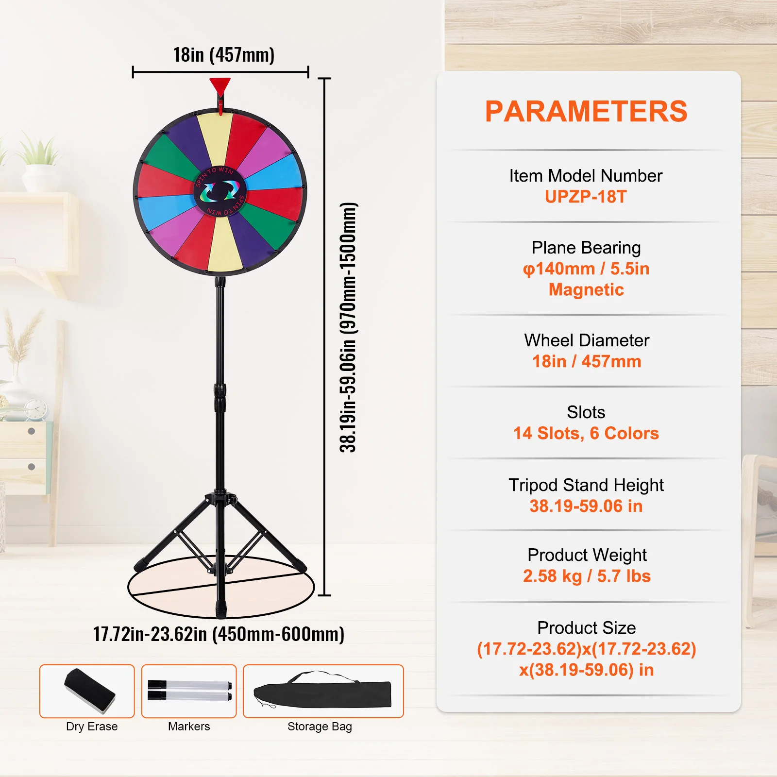 VEVOR 18 Inch Tabletop Color Prize Wheel with Folding Tripod Floor Stand 14 Slots Dry Erase for Win Fortune Spinning Stand Game 6