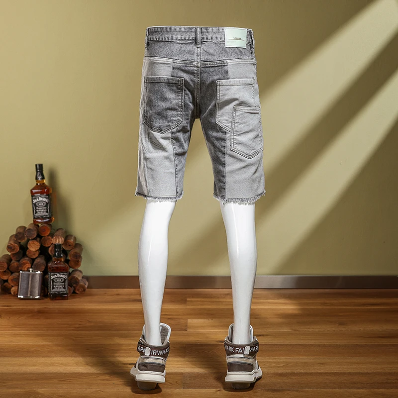 2024 new MEN'S denim shorts with distressed patchwork and trendy elastic slim fit patches fashionable slim fit biker capris