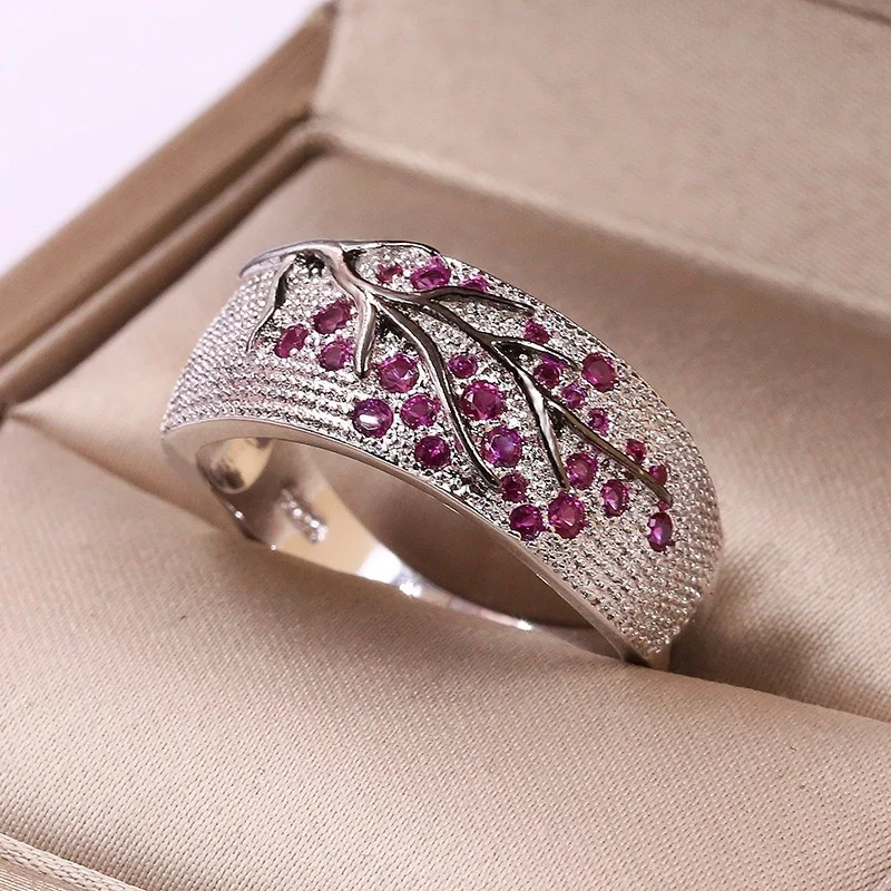 Womens Ring Luxury Silver Color Plum Blossom Branch Stones Cubic Zirconia Women Rings Fashion Jewelry Wedding Rings