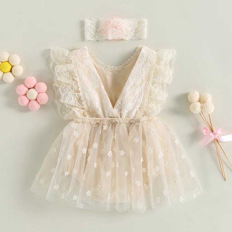 

Infant Baby Girl Summer Romper Dress Lace Floral Sleeveless Strap Ruffled with Bow Headband Jumpsuit Outfit