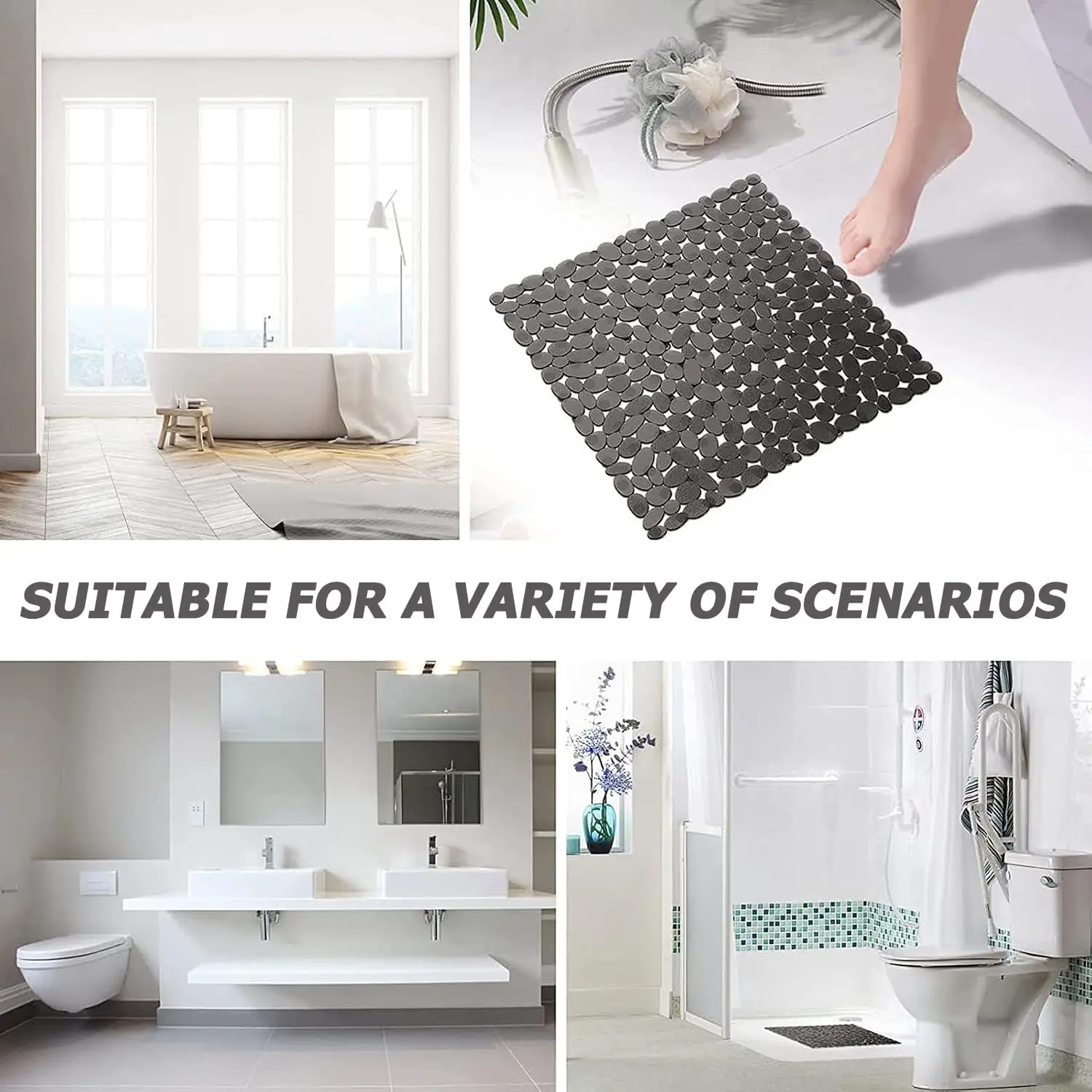 Blue non-slip PVC shower mat with suction cups and drain holes on white background.