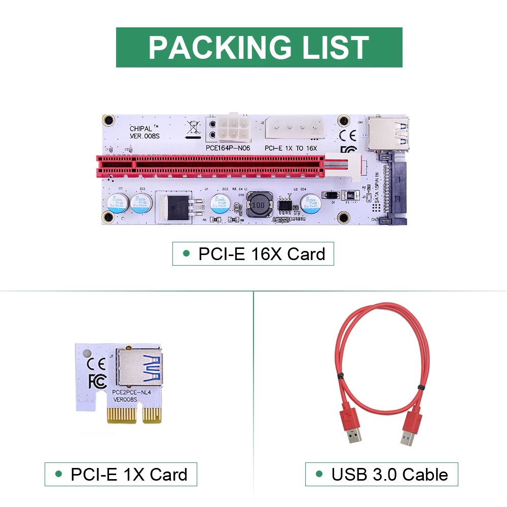 CHIPAL 60CM 100CM VER008S PCI-E Riser Card 008S PCI Express PCIe 1X to 16X Adapter 4Pin 6Pin SATA Power for Graphics Card