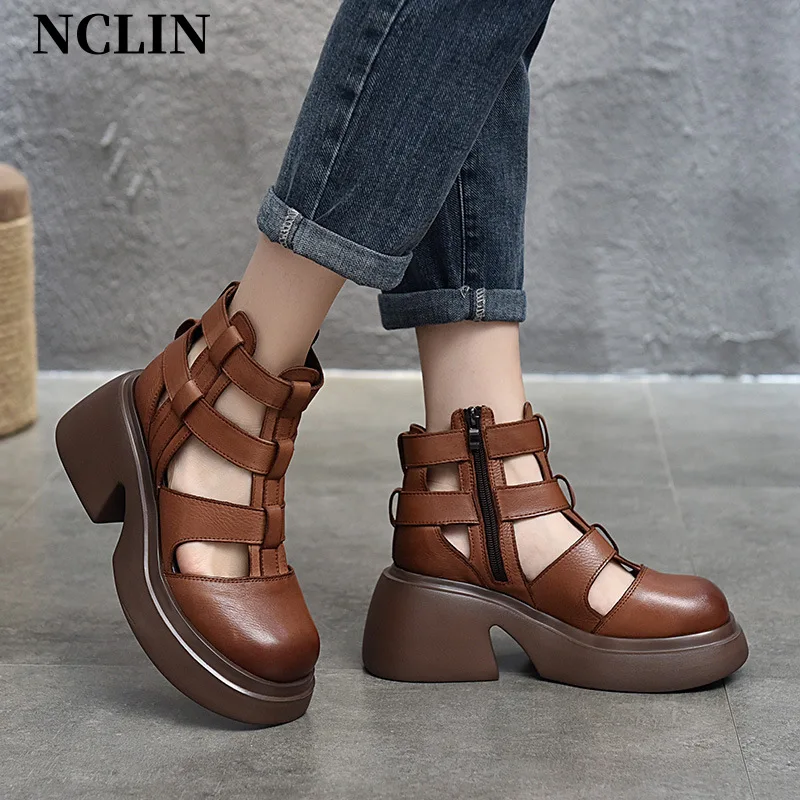

2024 Summer Women Sandals Round Toe Chunky Heel ZIP Platform Shoes Genunine Leather Cover Heel GLADIATOR Sandals Women Handmade