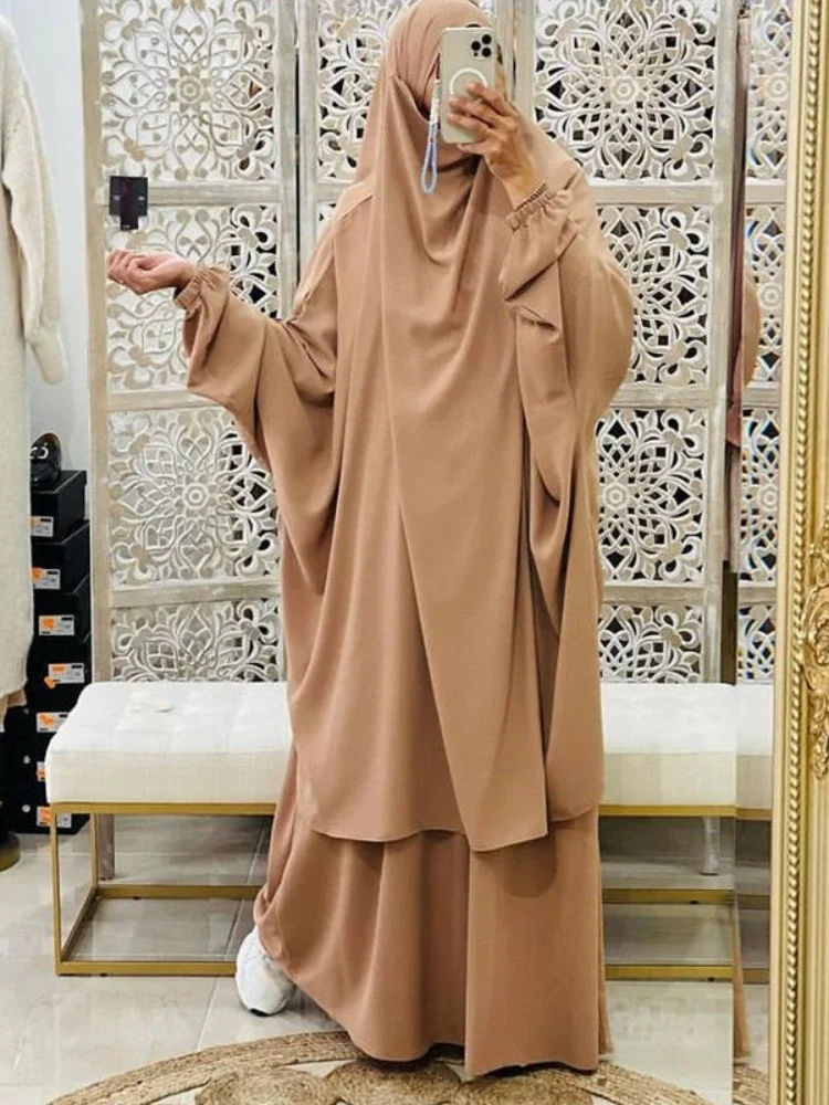 Jilbab 2 Pezzi Set Donne Musulmane Preghiera Indumento Abaya Lungo Khimar Hijab Vestito Ramadan Abaya Dubai Abbigliamento Islamico Niqab Burqa