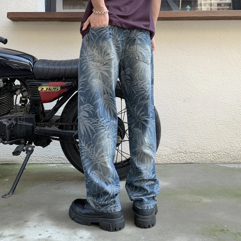 Fashionable printed loose jeans men's street hip-hop trendy Korean style leisure washed-out high-end straight wide-leg pants