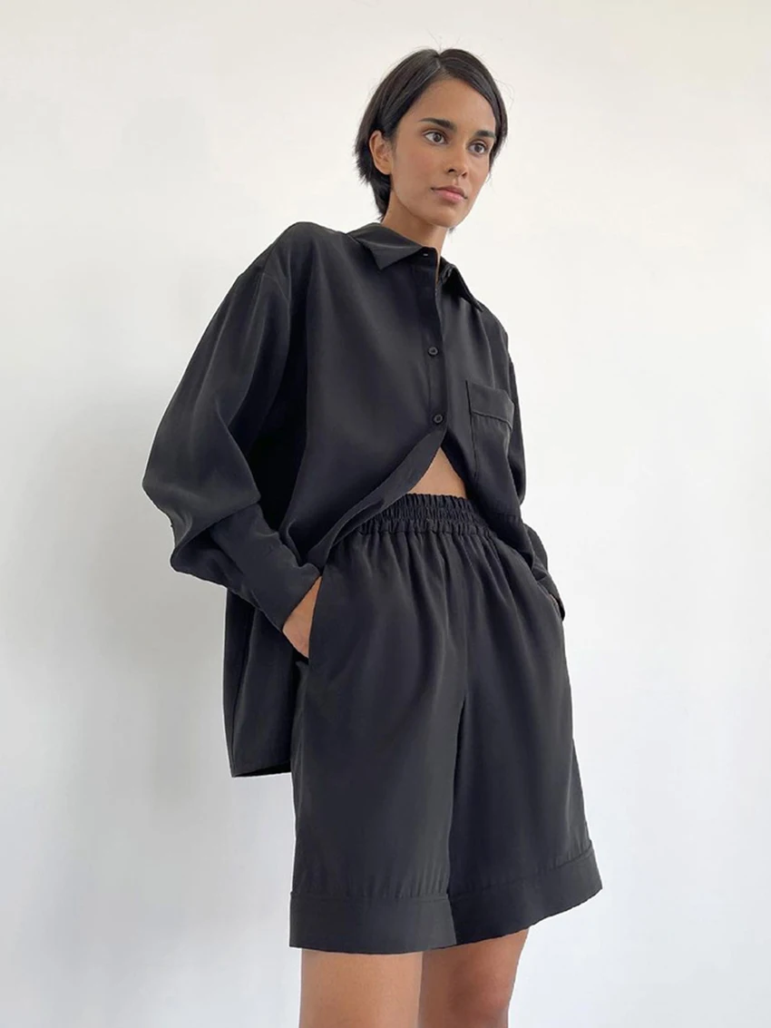 Marthaqiqi Autumn Ladies Nightwear Suit Turn-Down Collar Nightgowns Long Sleeve Sleepwear High Waist Shorts Pajamas Home Clothes