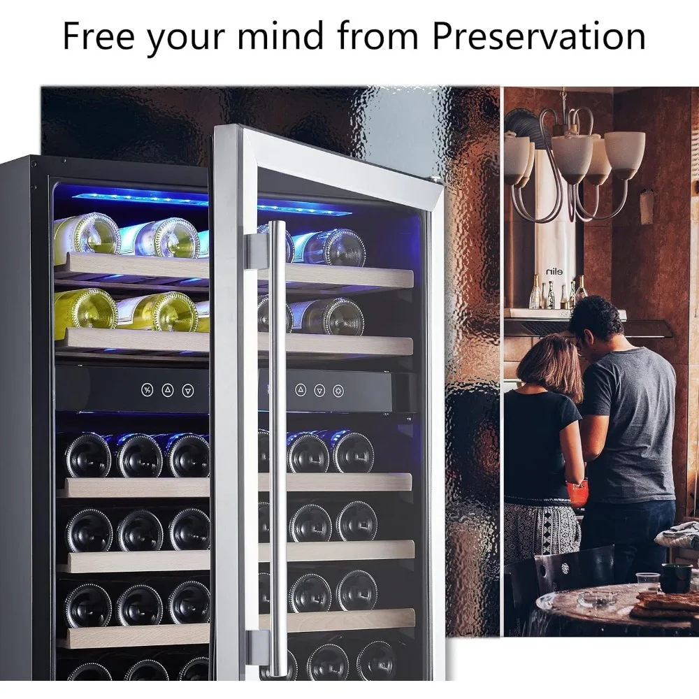 24 inch Wine Cooler, 46 Bottle-Dual Zone Built-in or Freestanding Fridge with Stainless Steel Reversible Glass Door,
